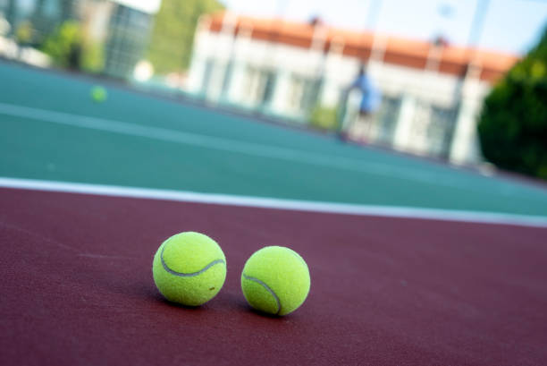 two yellow tennis alls are on the harcourt tennis focus on foreground horizontal photo