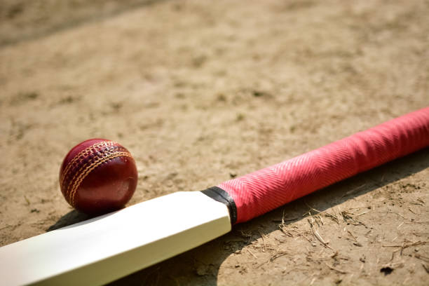 Cricket bat and ball on cricket pitch