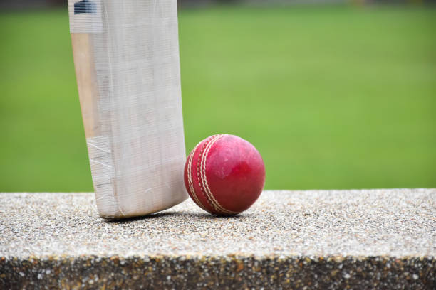 Old red leather cricket ball and wooden bat on hard court, concept for practicing cricket sports.