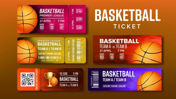 Stylish Design Basketball Game Tickets Set Vector. Collection Of Tickets Invitation For Visit International Tournament. Playing Ball Information Of Gate, Raw And Seat Number Realistic 3d Illustration