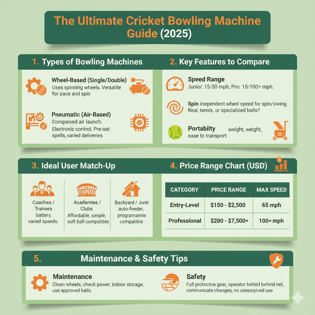 Infographic showing a complete 2025 cricket bowling machine buying guide with types, features, prices, and tips for players and coaches.